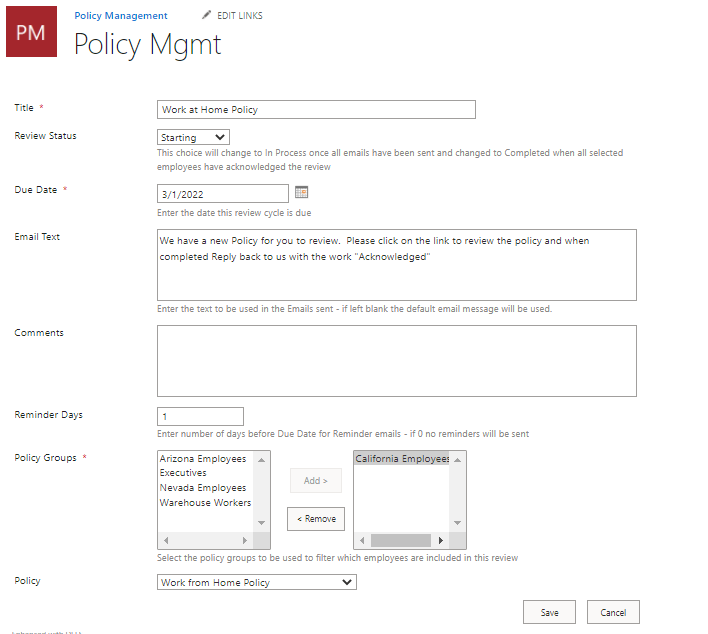screenshot of SP Policy Manager